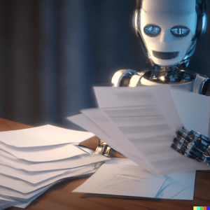 Robot manager reviewing paperwork